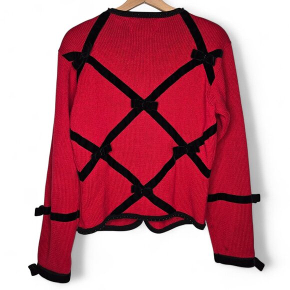 Vintage Lisa Nichols Knitted Cardigan Women's Velvet Strip Beaded Bow Accents M - Picture 2 of 6